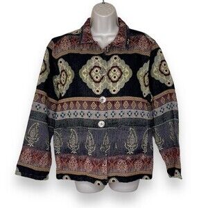 Vintage Jane Ashley Tapestry Button Front Pockets Blazer Style Coat Women Medium
